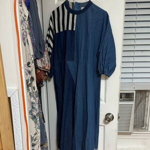 Blue Denim Midi Dress with Black & White Stripe Detail